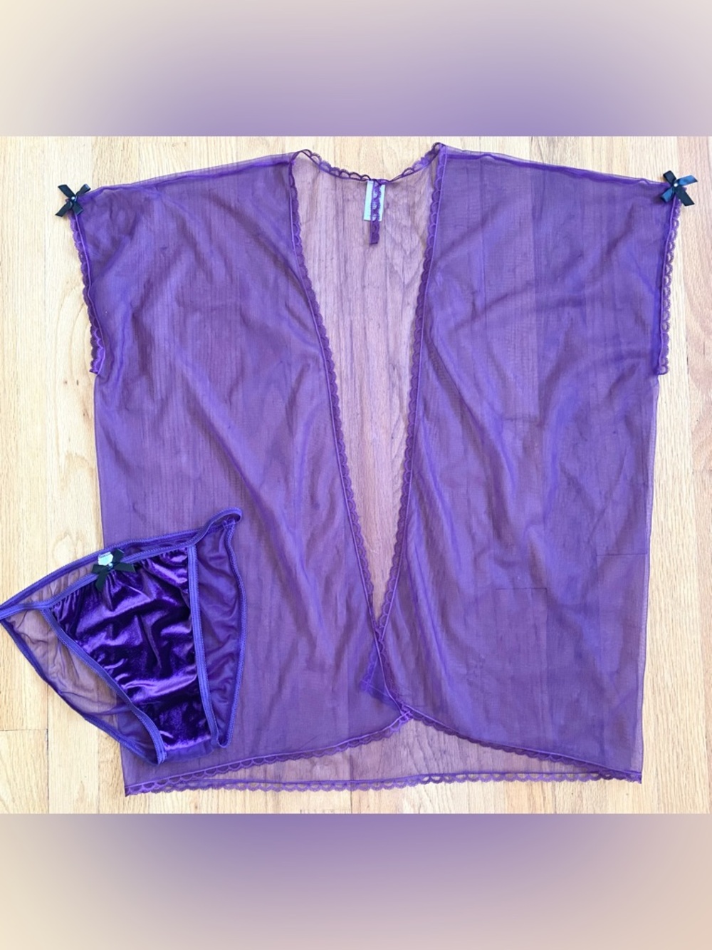 Vintage 70s Sheer Kimono Robe and Panty *1X* PURPLE Velvet String Bikini Bottoms